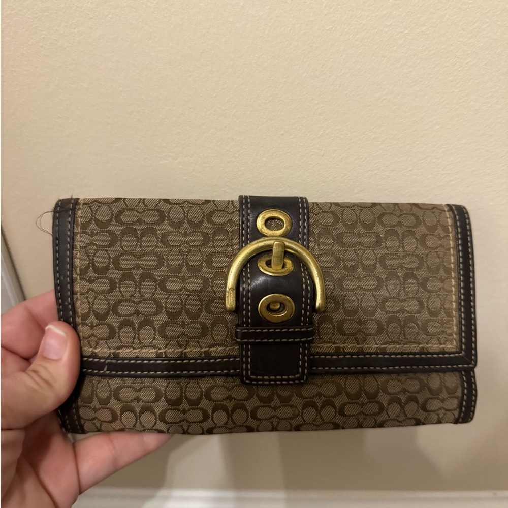 Brown Coach SOHO Signature Monogram Wallet with Gold Buckle